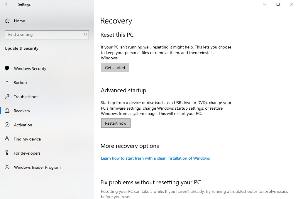 Параметр 'Перезагрузить сейчас' в разделе восстановления Windows 10