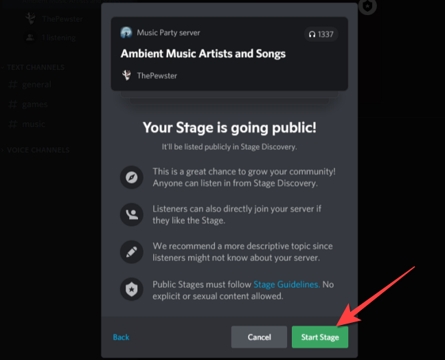 Подтвердите и запустите Public Stage событие.