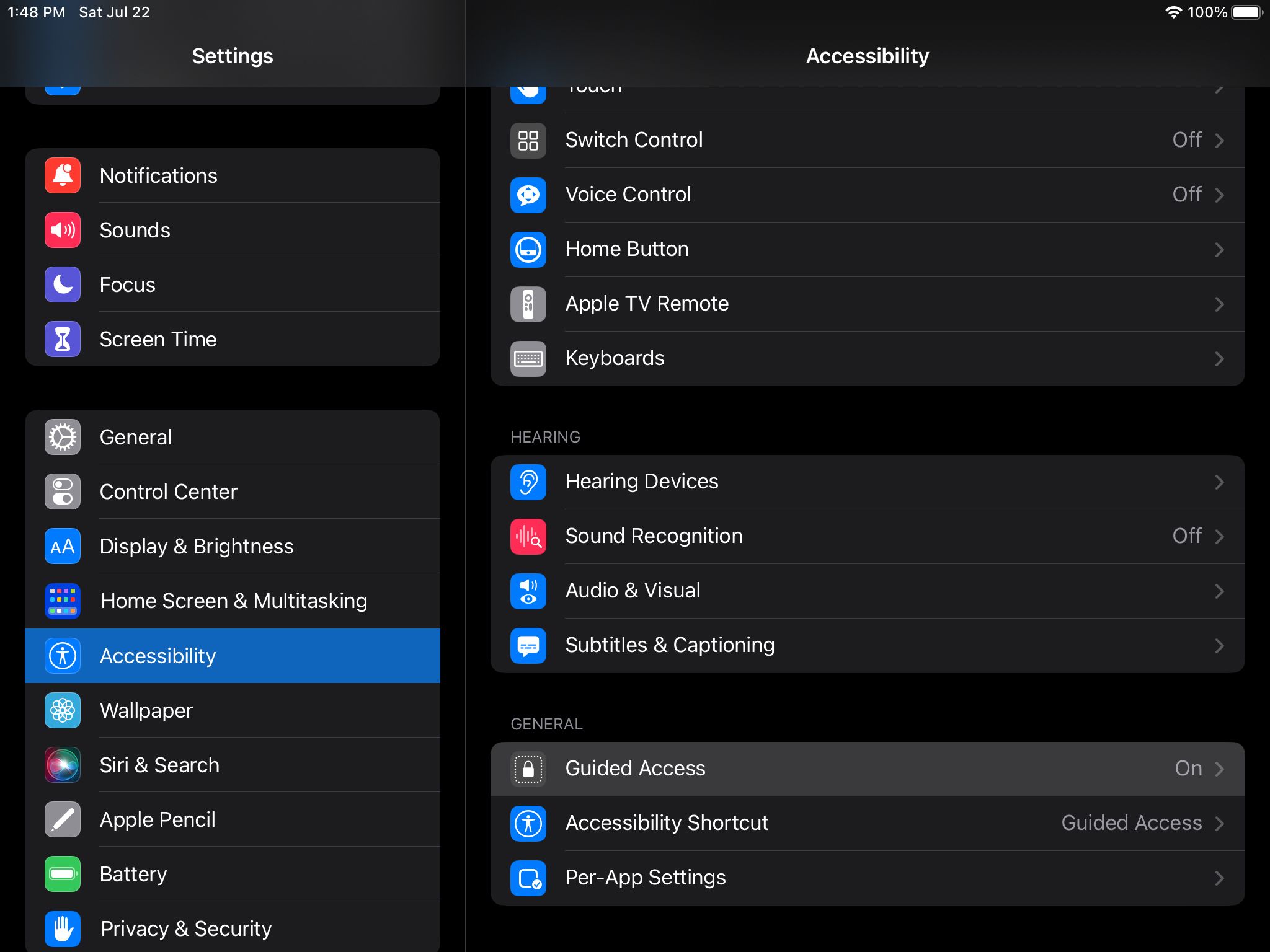 Открытие меню Guided Access на iPad