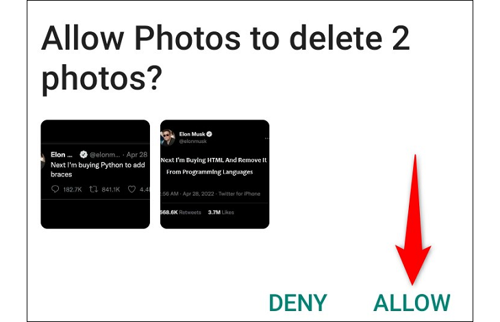 Стрелка у кнопки подтверждения удаления