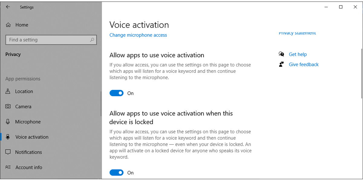 Параметры активации голоса в Windows 10