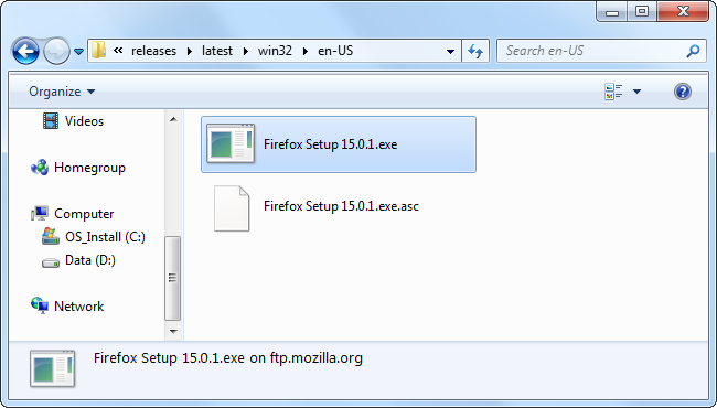 Список файлов в каталоге FTP с выделенным установщиком Firefox