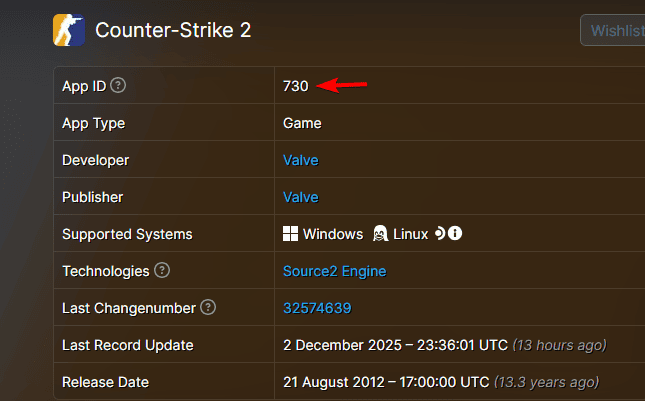 Поиск AppID на странице SteamDB