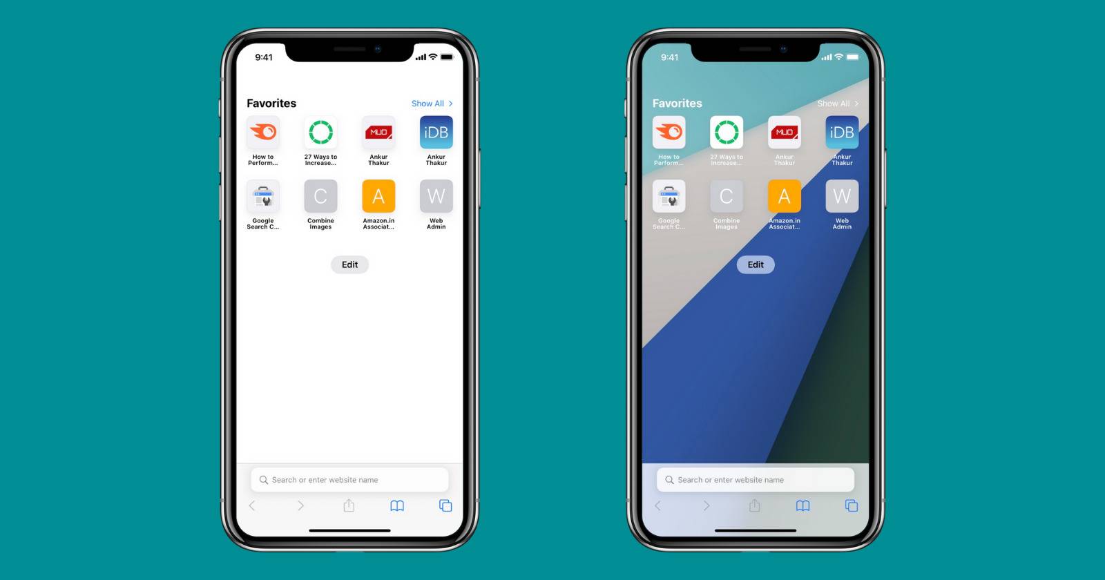 Два iPhone, показывающие обычный Safari и Safari с фоновым изображением в iOS 15