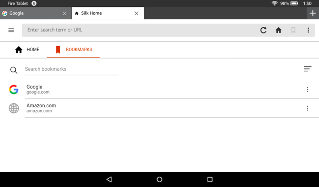 Список закладок в браузере Silk с Google сервисами