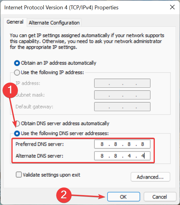 Окно изменения DNS-серверов
