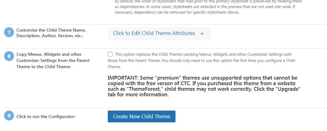 Скриншот интерфейса Child Theme Configurator после анализа