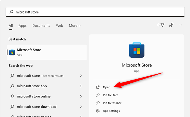 В меню Пуск введите Microsoft Store и откройте магазин.