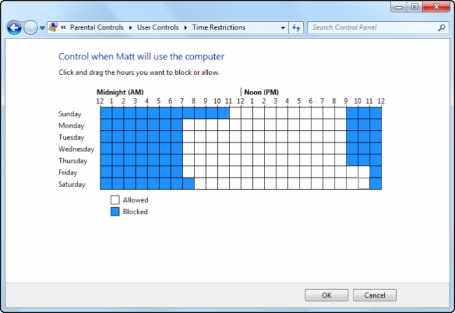 Изображение: интерфейс настройки временных ограничений в Windows 7