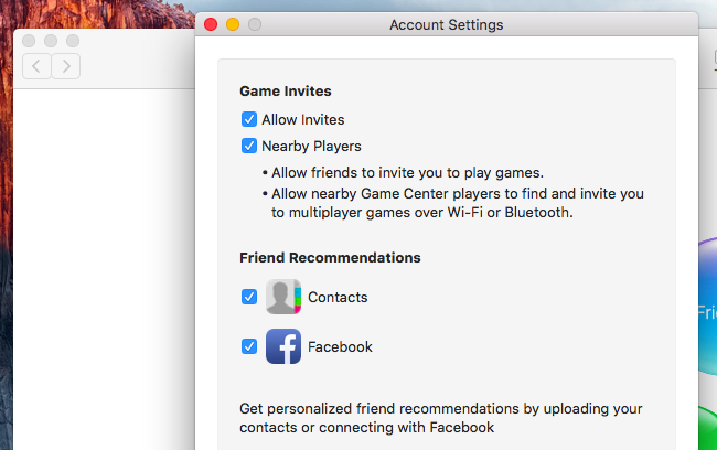 Настройки аккаунта Game Center на Mac с опциями приглашений и контактов