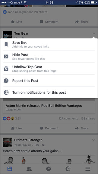 Экран мобильного приложения с подтверждением отписки от аккаунта через меню поста