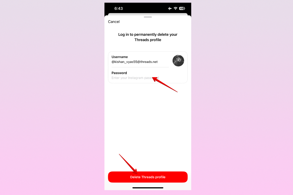 Запрос пароля Instagram для подтверждения удаления профиля Threads. Выделена красная кнопка удаления профиля.