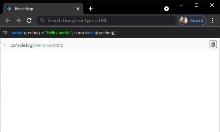 React приложение с код‑блоком и кнопкой копирования