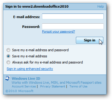 Окно входа в Windows Live ID