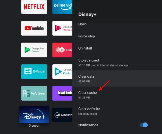 Опция очистки кэша для Disney+
