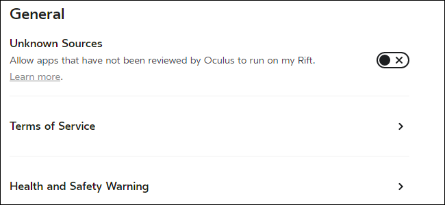 Переключатель 'Unknown Sources' в настройках Oculus
