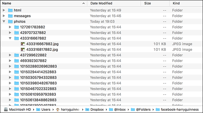 Папка 'Photos' в распакованном архиве Facebook с подкаталогами альбомов