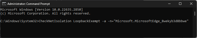 Команда CheckNetIsolation для исключения Edge из ограничений loopback