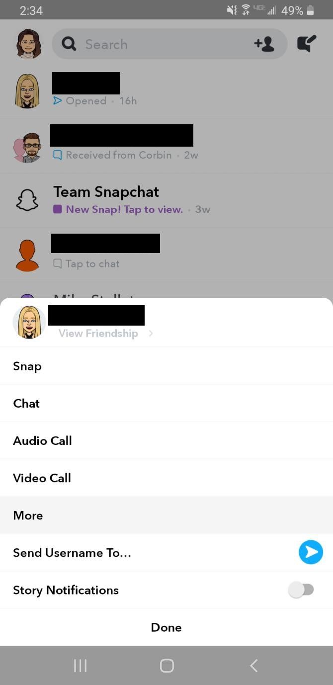Список друзей в Snapchat с опцией заглушить