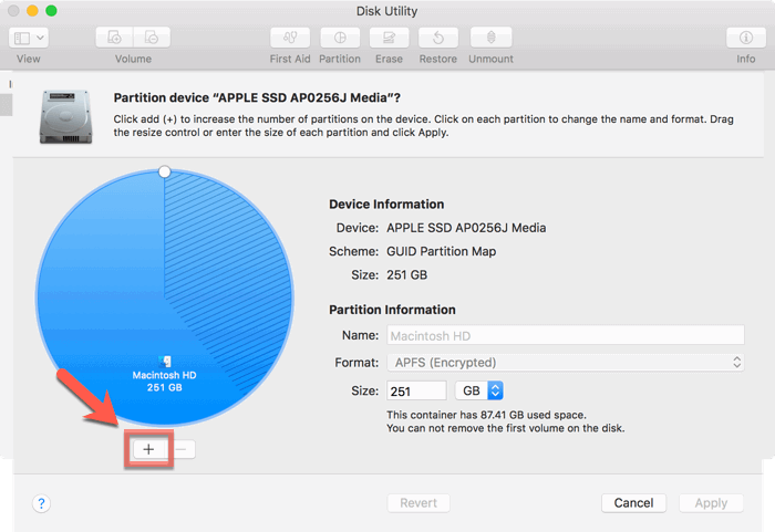 Добавление нового раздела через кнопку плюс в Дисковой утилите