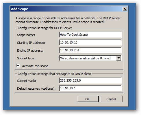 Параметры области: диапазон, маска, шлюз и имя