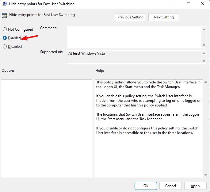Параметры для отключения Fast User Switching включено