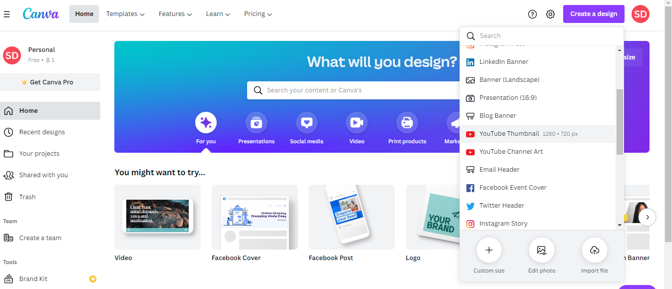 Интерфейс Canva: создание миниатюры YouTube