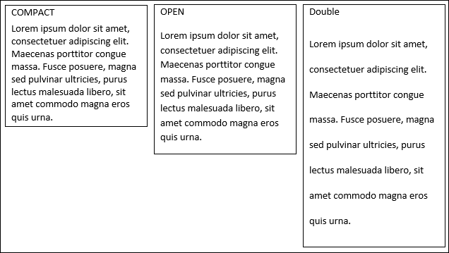 Сравнение предустановок Compact, Open и Double для одинакового текста