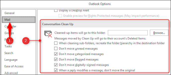 Раздел параметров Outlook с настройками очистки разговоров