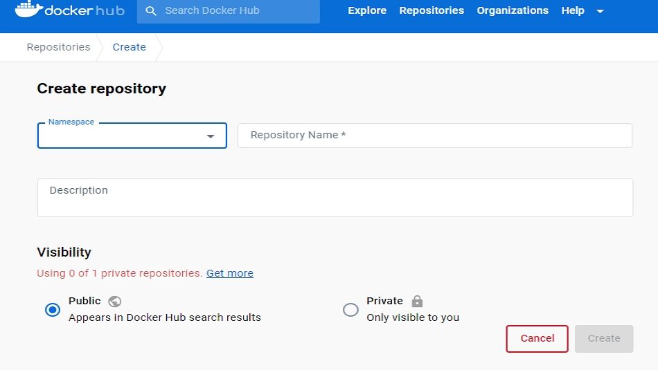 Форма создания репозитория Docker Hub
