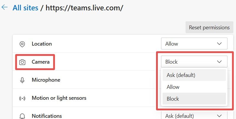 Параметры камеры для Teams в Edge