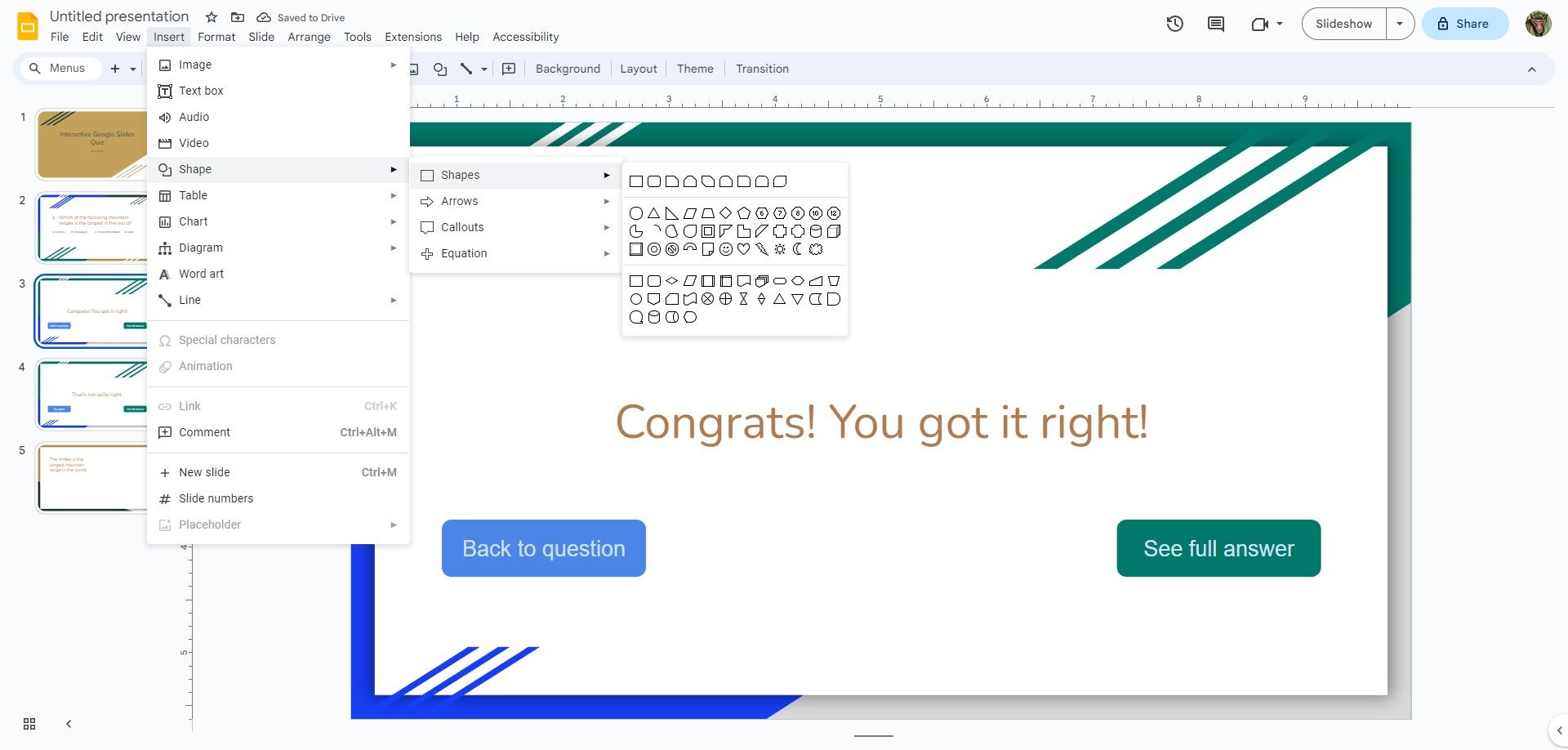 Вставка фигуры в Google Slides