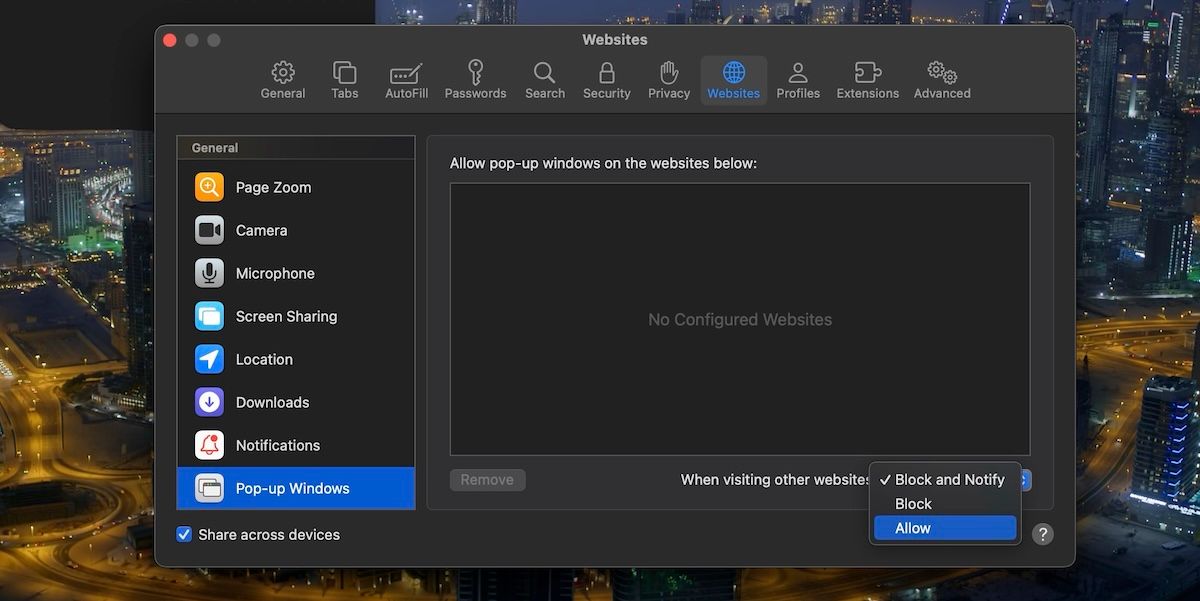 Подраздел Всплывающие окна во вкладке Веб‑сайты настроек Safari