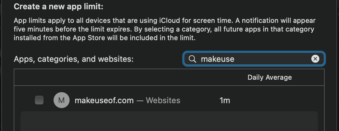 Adding Websites in App Limits