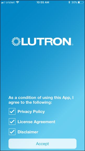 Экран приветствия приложения Lutron Caseta