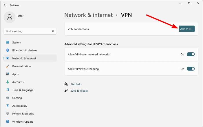 Кнопка добавления VPN в Windows 11