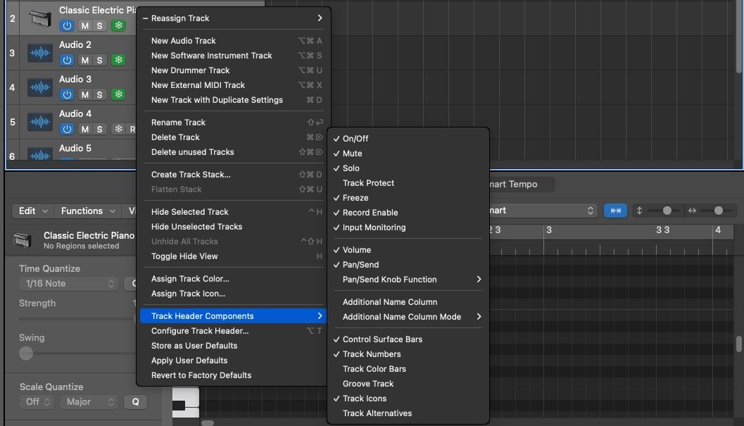 Меню компонентов заголовка дорожки в Logic Pro