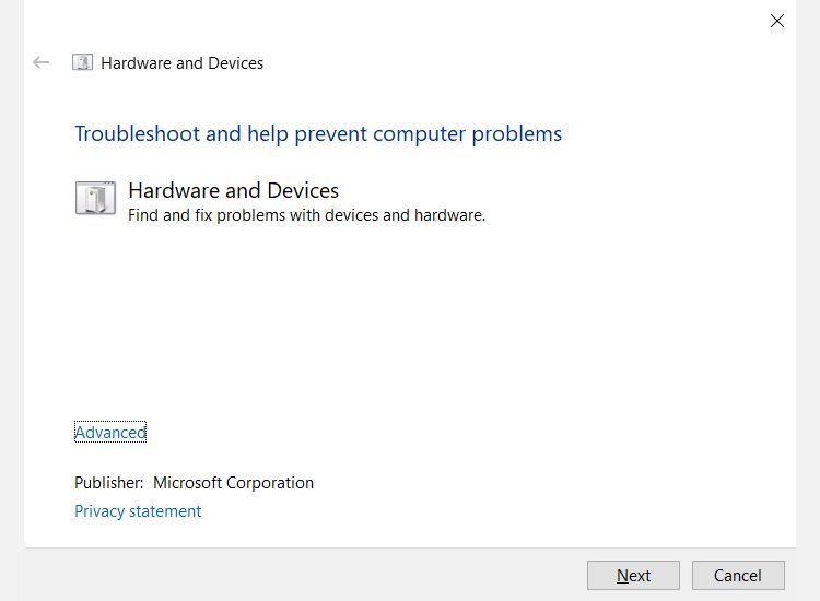Средство устранения неполадок оборудования и устройств в Windows