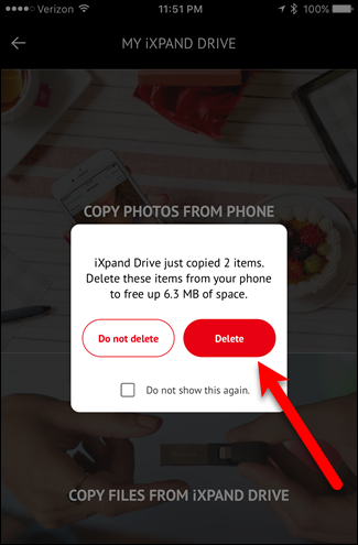 Диалог удаления файлов после копирования на iXpand
