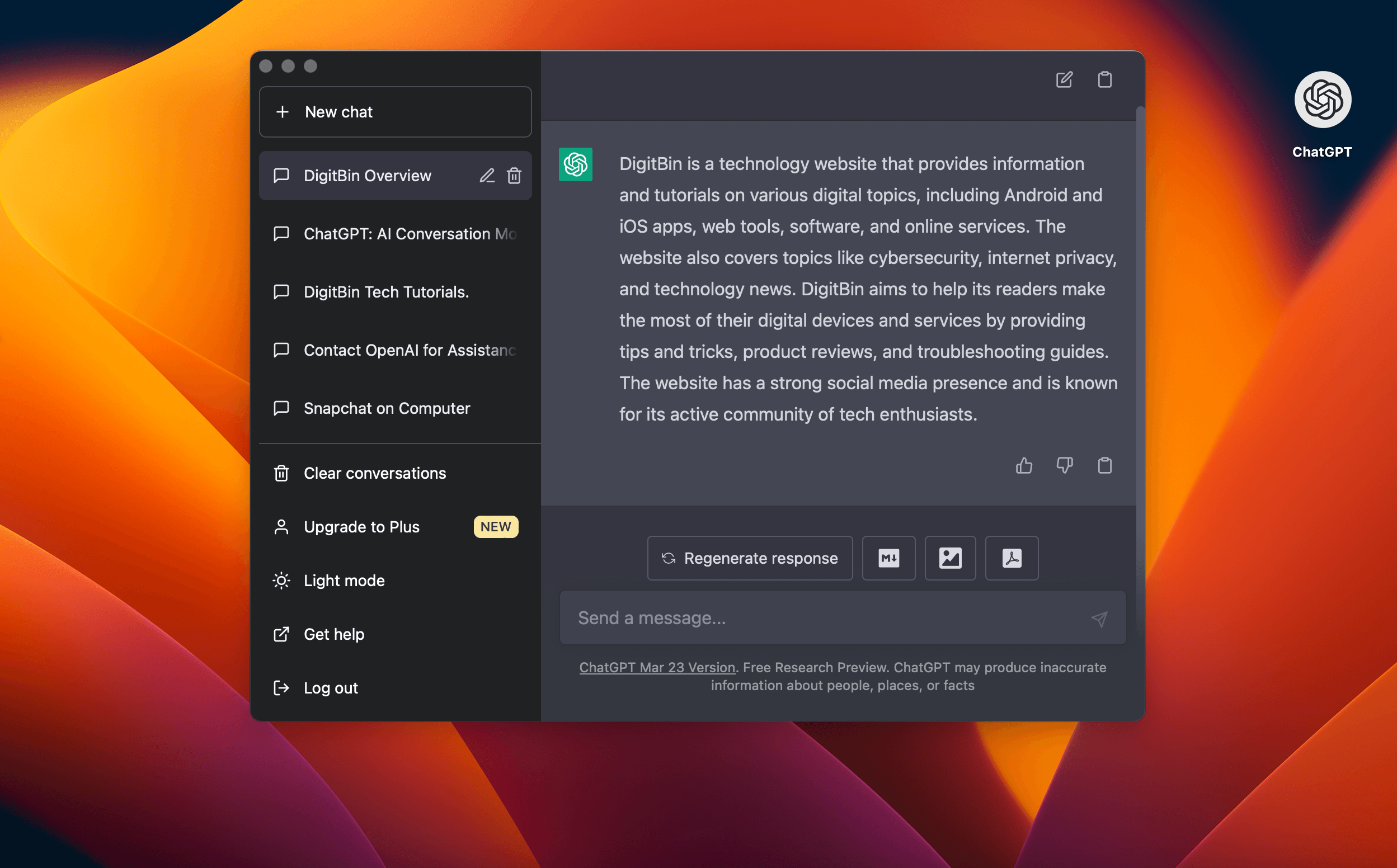 Главное окно ChatGPT на Mac после входа