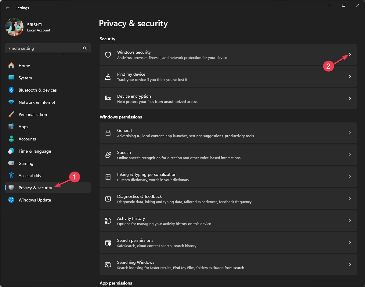 Параметры Windows: Конфиденциальность и безопасность