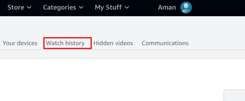 Вкладка История просмотров в Amazon Prime Video.