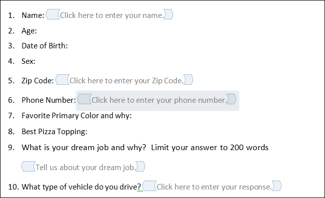 Текстовые поля в форме Word