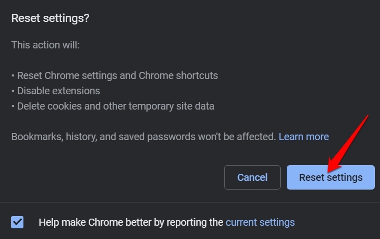 Подтвердите сброс настроек Chrome