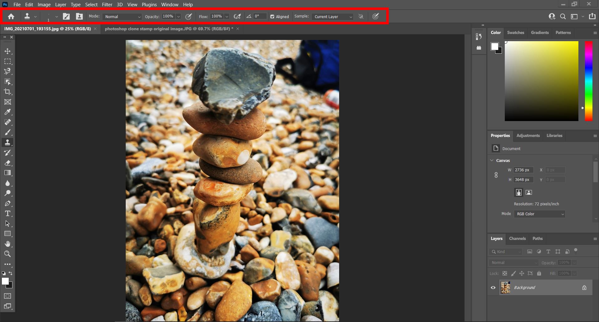 Параметры Clone Stamp в верхней панели Photoshop
