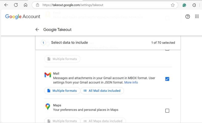 Страница Google Takeout с выбранной опцией Почта