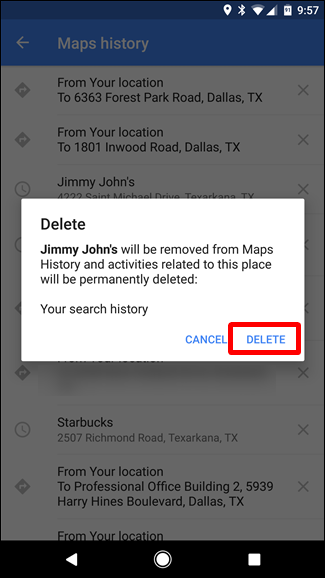 Подтверждение удаления записи из истории навигации