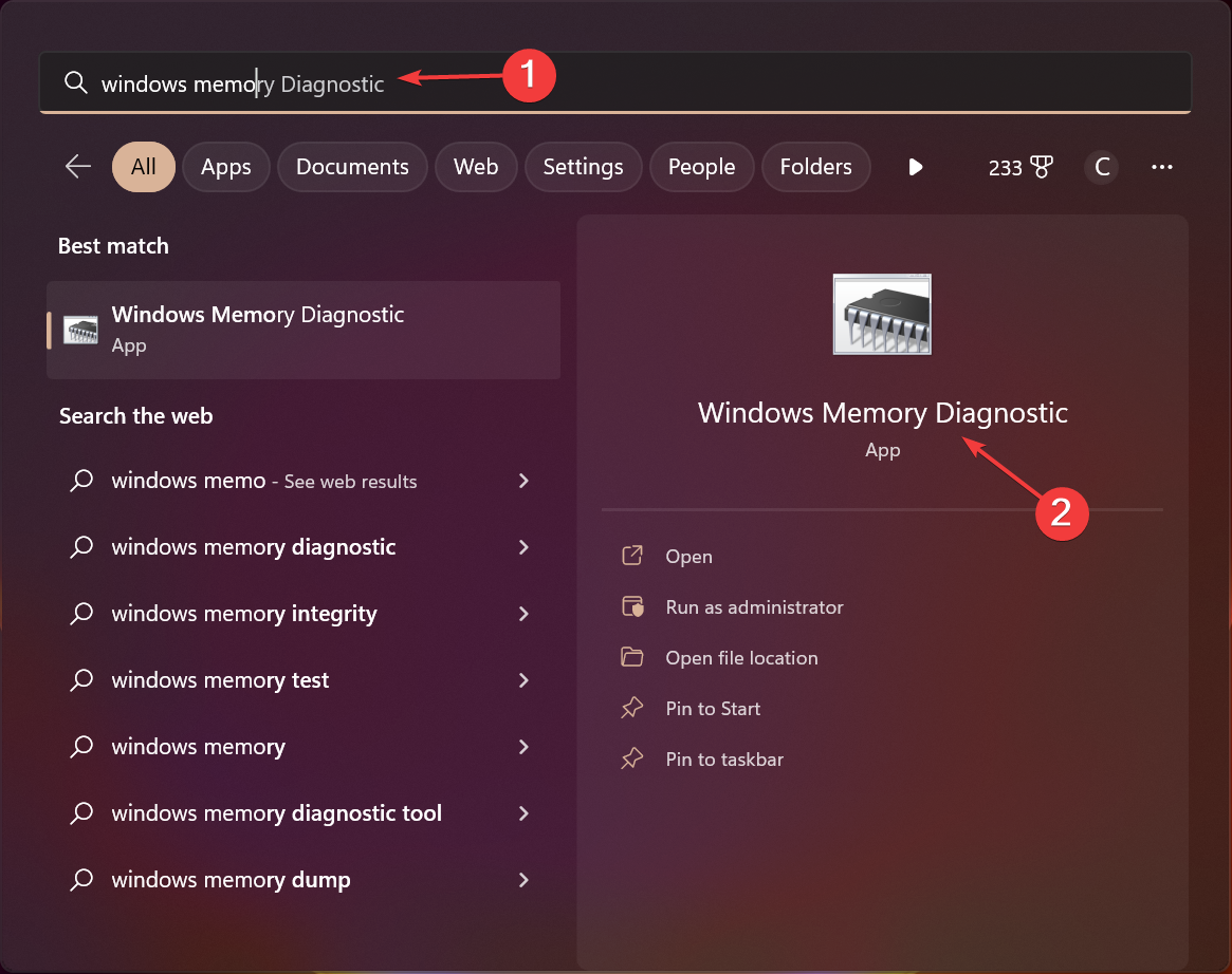 Поиск средства диагностики памяти Windows в меню Пуск