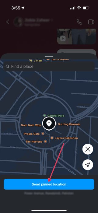 Кнопка «Send pinned location» в Instagram