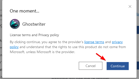 Подтверждение установки Ghostwriter в веб‑версии Office 365 с кнопкой
